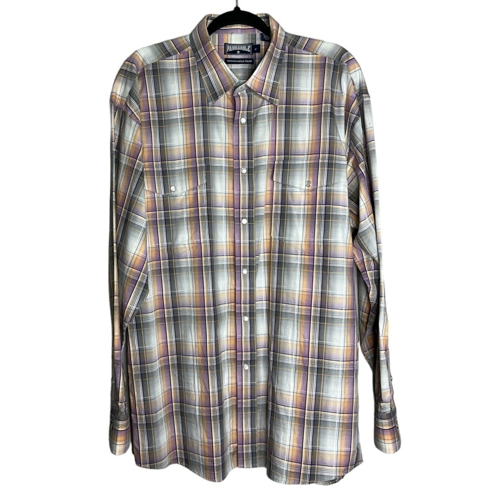 Panhandle Slim Plaid Western Snap Button Long Sleeve Shirt Purple Grey, size L